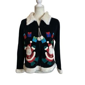 Vintage Bellepointe Christmas Black & Faux Fur Zip Up Cardigan Sweater Medium